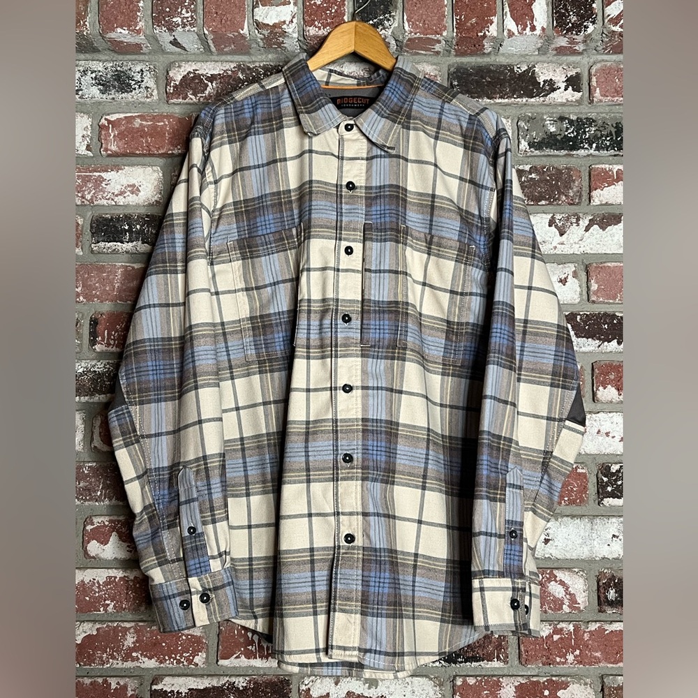 Men’s Ridgecut Plaid Blue & Cream Long Sleeve work Flannel.